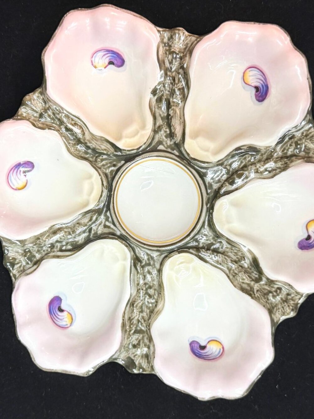 Antique French Porcelain 6-Well Oyster Plate Pink Shells c1890 A1239